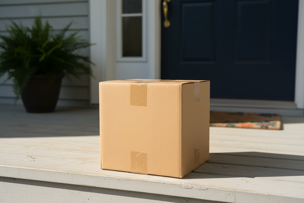 Package being delivered. No label on the box. 